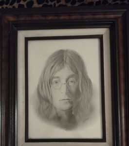 Vintage drawing of John Lennon by Banse in a Vintage 1970's wooden frame